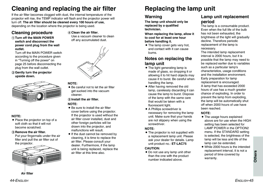 Panasonic PT-LC75E, PT-LC55E manual Lamp unit replacement period, Cleaning procedure 