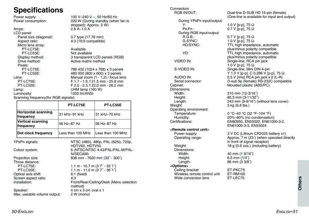 Panasonic PT-LC55E manual Specifications, Horizontal scanning, Frequency Vertical scanning, Frequency Dot clock frequency 