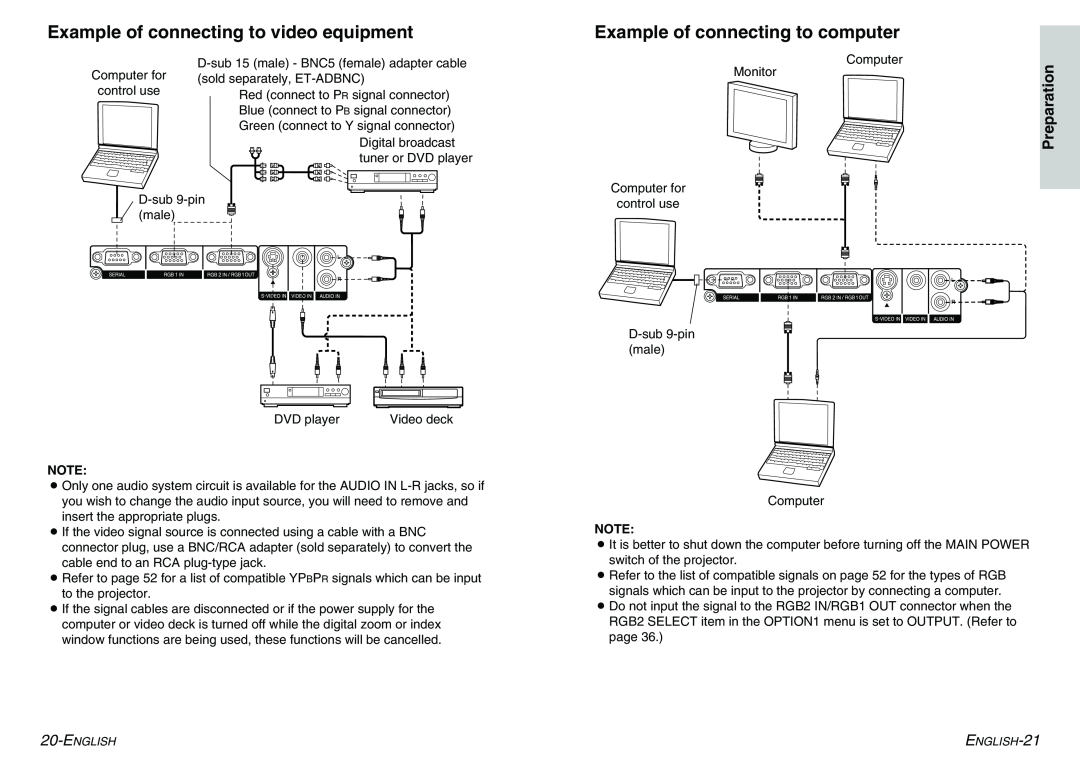 Panasonic PT-LC75E, PT-LC55E manual Example of connecting to video equipment, Example of connecting to computer, Preparation 