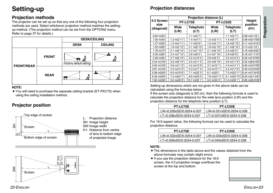 Panasonic PT-LC55E, PT-LC75E manual Setting-up, Projection methods, Projection distances, Projector position 