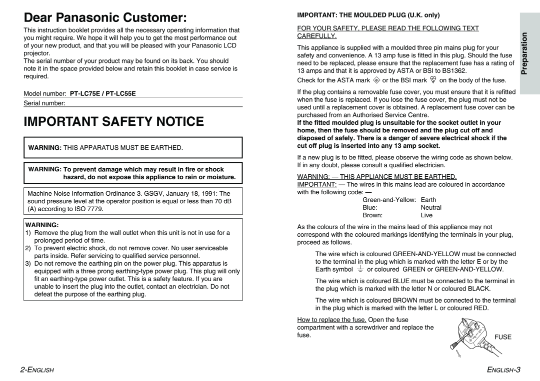 Panasonic PT-LC55E, PT-LC75E manual Dear Panasonic Customer, Important Safety Notice, Preparation 