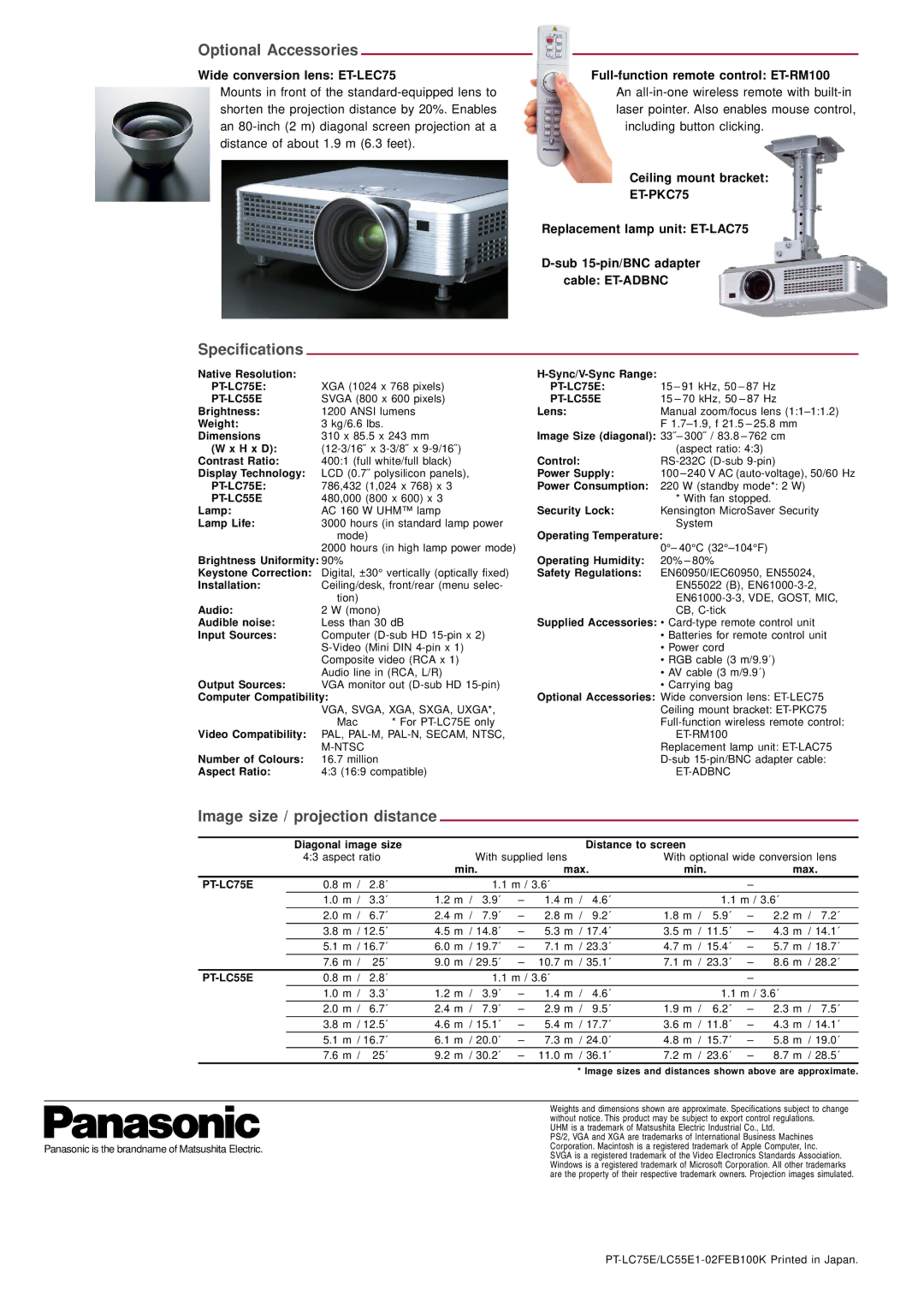 Panasonic PT-LC55E manual Wide conversion lens ET-LEC75, Full-function remote control ET-RM100, Ceiling mount bracket 