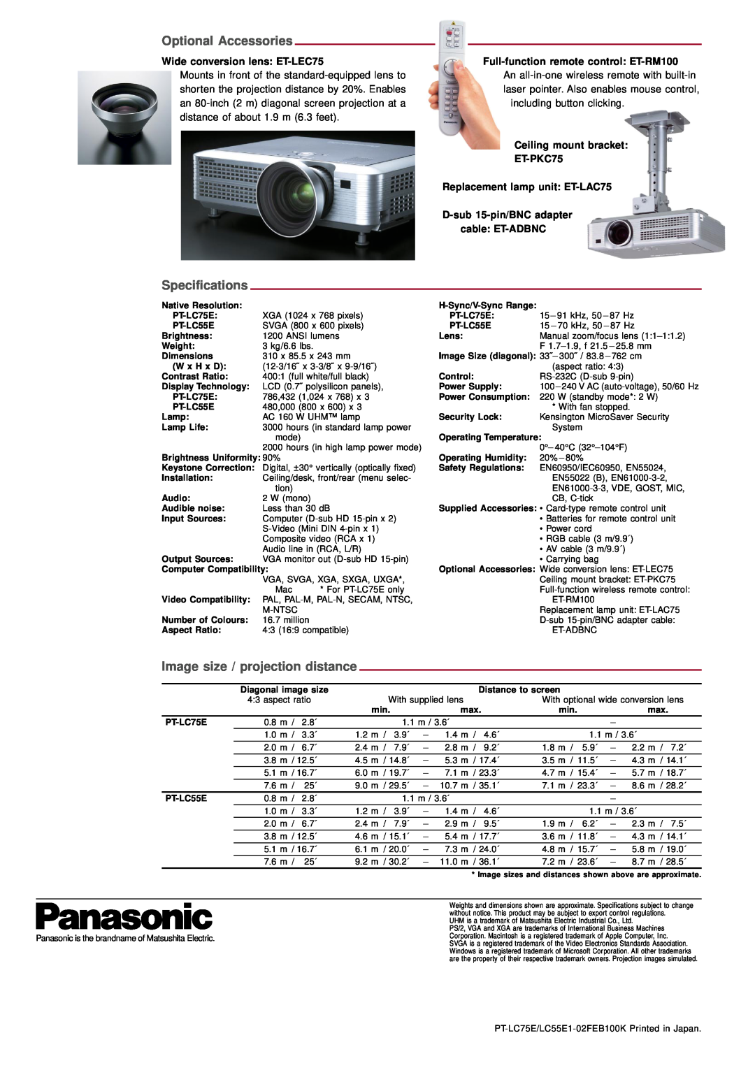 Panasonic PT-LC55E Optional Accessories, Specifications, Image size / projection distance, Wide conversion lens ET-LEC75 