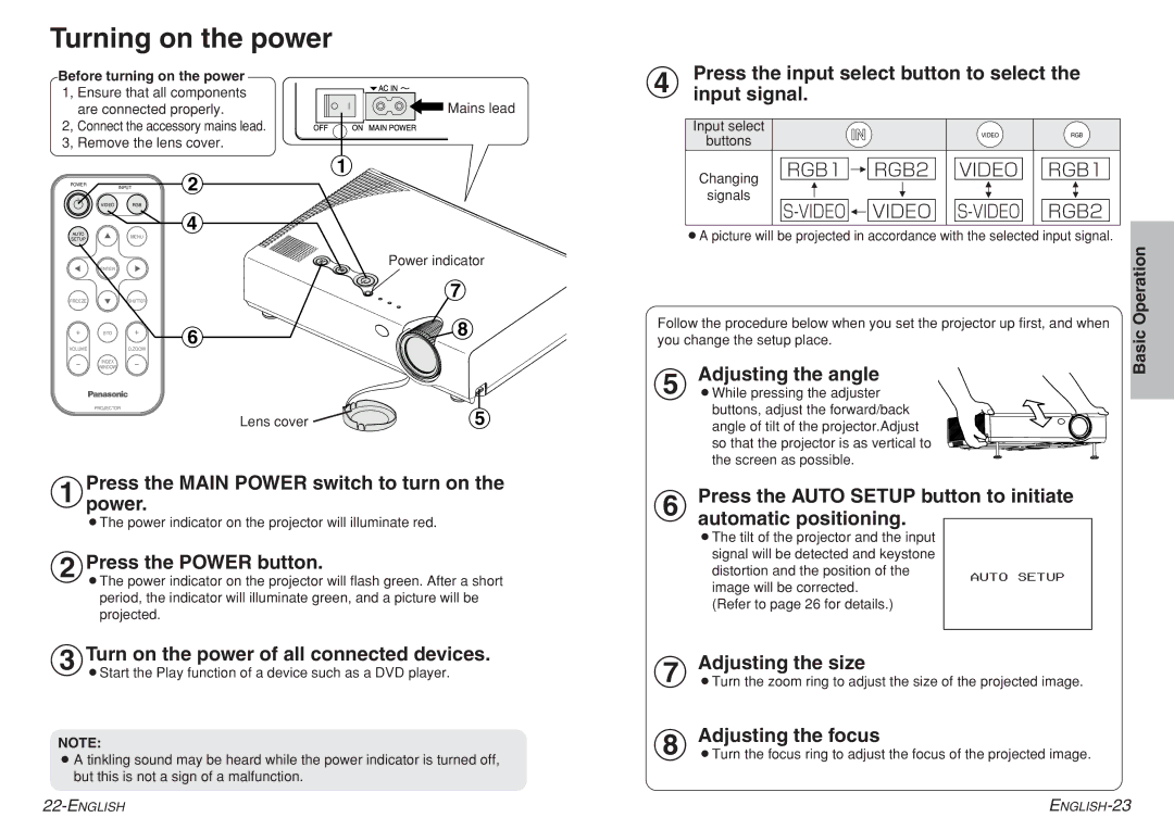 Panasonic PT-LC76E, PT-LC80E, PT-LC56E dimensions Turning on the power 