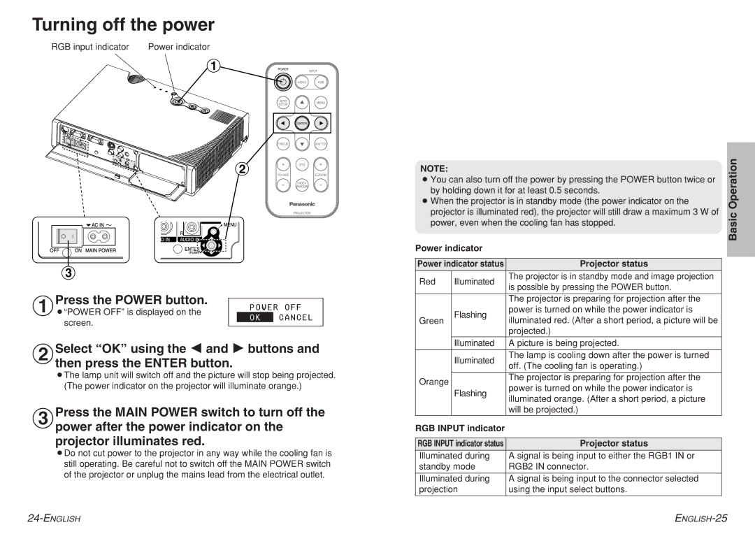 Panasonic PT-LC80E, PT-LC76E Turning off the power, #Press the Power button, Projector status, RGB Input indicator 