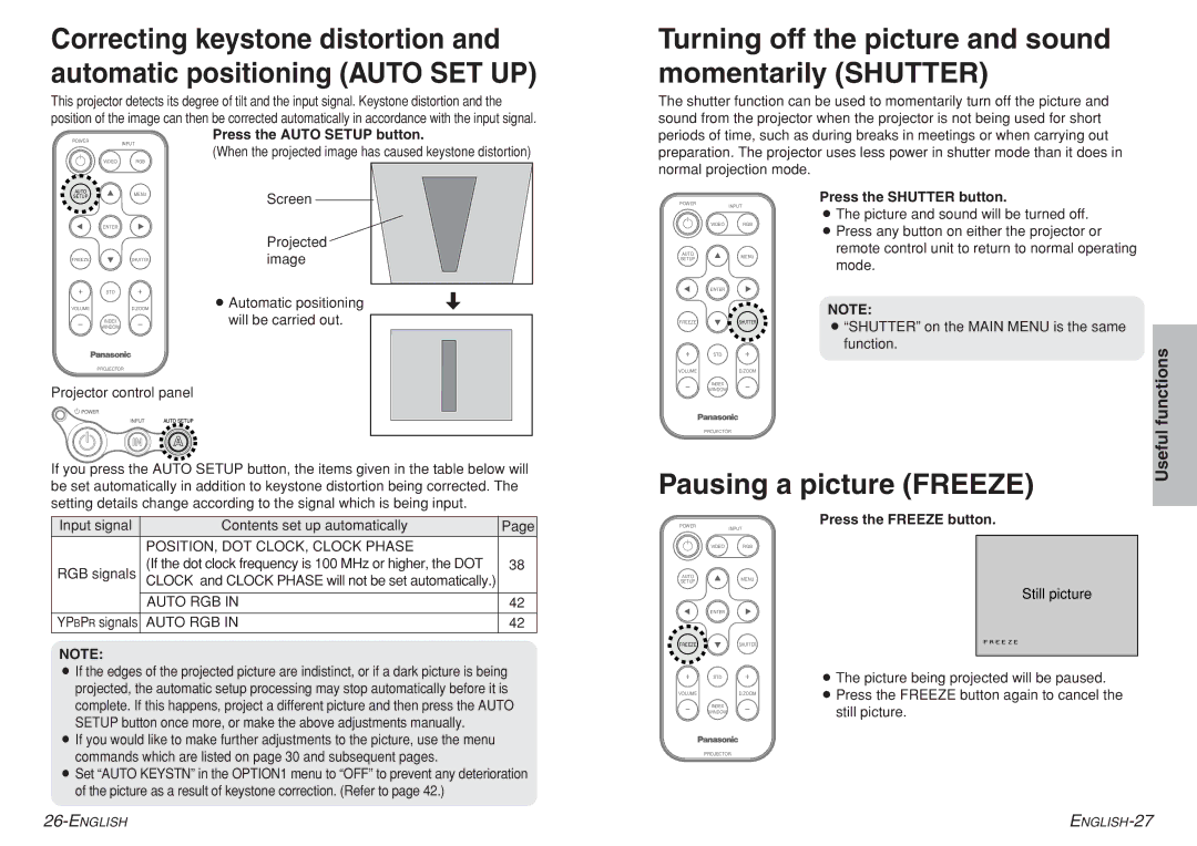 Panasonic PT-LC56E, PT-LC76E, PT-LC80E Turning off the picture and sound momentarily Shutter, Pausing a picture Freeze 