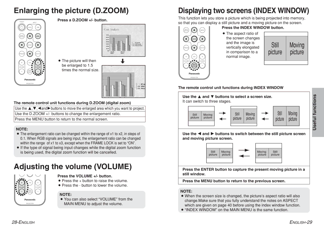 Panasonic PT-LC76E, PT-LC80E, PT-LC56E dimensions Enlarging the picture D.ZOOM, Adjusting the volume Volume 