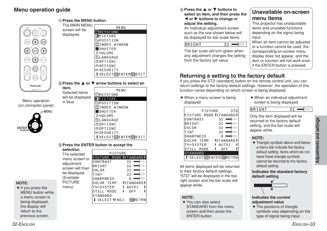 Panasonic PT-LC56E, PT-LC76E, PT-LC80E dimensions Menu operation guide, Returning a setting to the factory default, Settings 