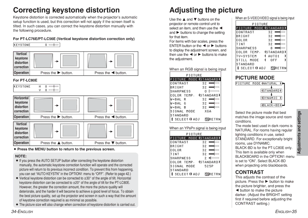 Panasonic PT-LC76E, PT-LC56E Correcting keystone distortion Adjusting the picture, Picture Mode, Contrast, For PT-LC80E 