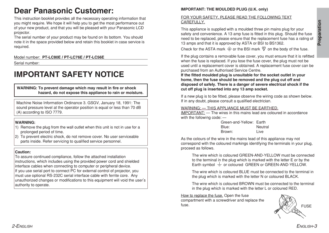 Panasonic dimensions Dear Panasonic Customer, Preparation, Model number PT-LC80E / PT-LC76E / PT-LC56E 