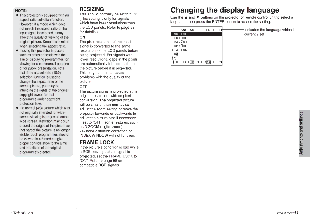 Panasonic PT-LC76E, PT-LC80E, PT-LC56E dimensions Changing the display language, Resizing, Frame Lock, Off 