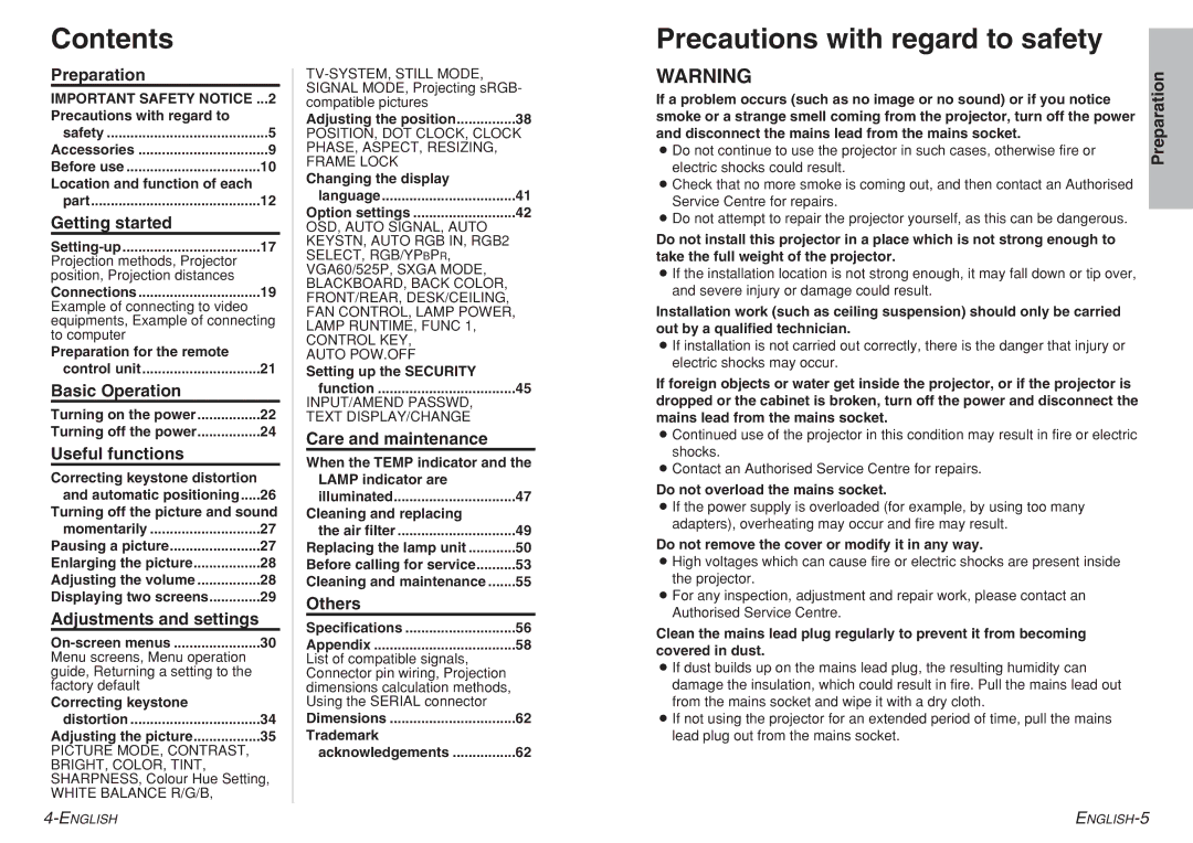 Panasonic PT-LC76E, PT-LC80E, PT-LC56E dimensions Contents, Precautions with regard to safety 