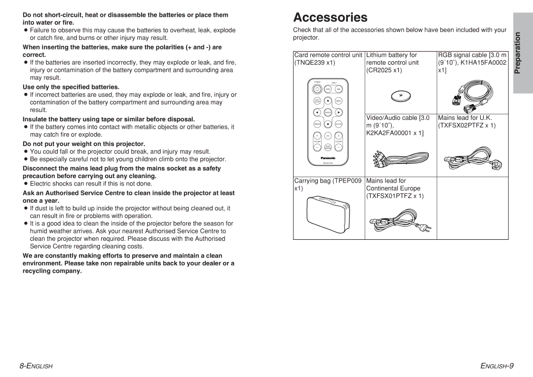 Panasonic PT-LC56E, PT-LC76E Accessories, Use only the specified batteries, Do not put your weight on this projector 