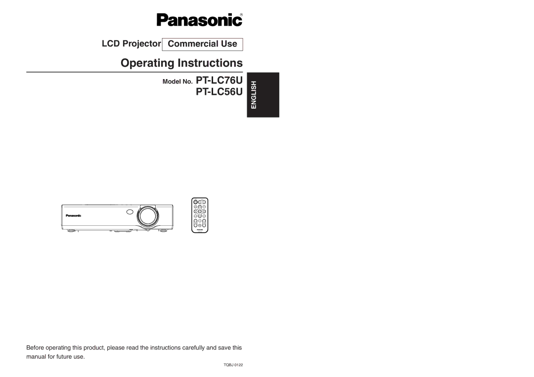 Panasonic PT-LC56U manual LCD Projector Commercial Use, Model No. PT-LC76U 