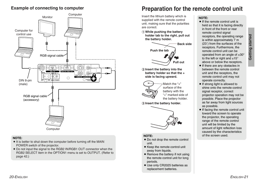 Panasonic PT-LC56U, PT-LC76U manual Example of connecting to computer, Insert the battery holder 