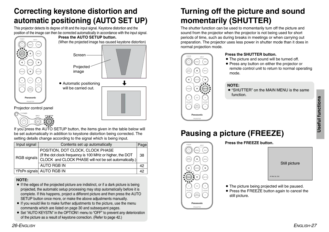 Panasonic PT-LC76U, PT-LC56U manual Turning off the picture and sound momentarily Shutter, Pausing a picture Freeze 