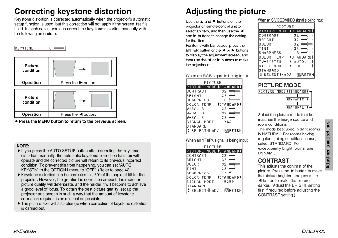 Panasonic PT-LC76U, PT-LC56U manual Correcting keystone distortion Adjusting the picture, Picture Mode, Contrast, Dynamic 