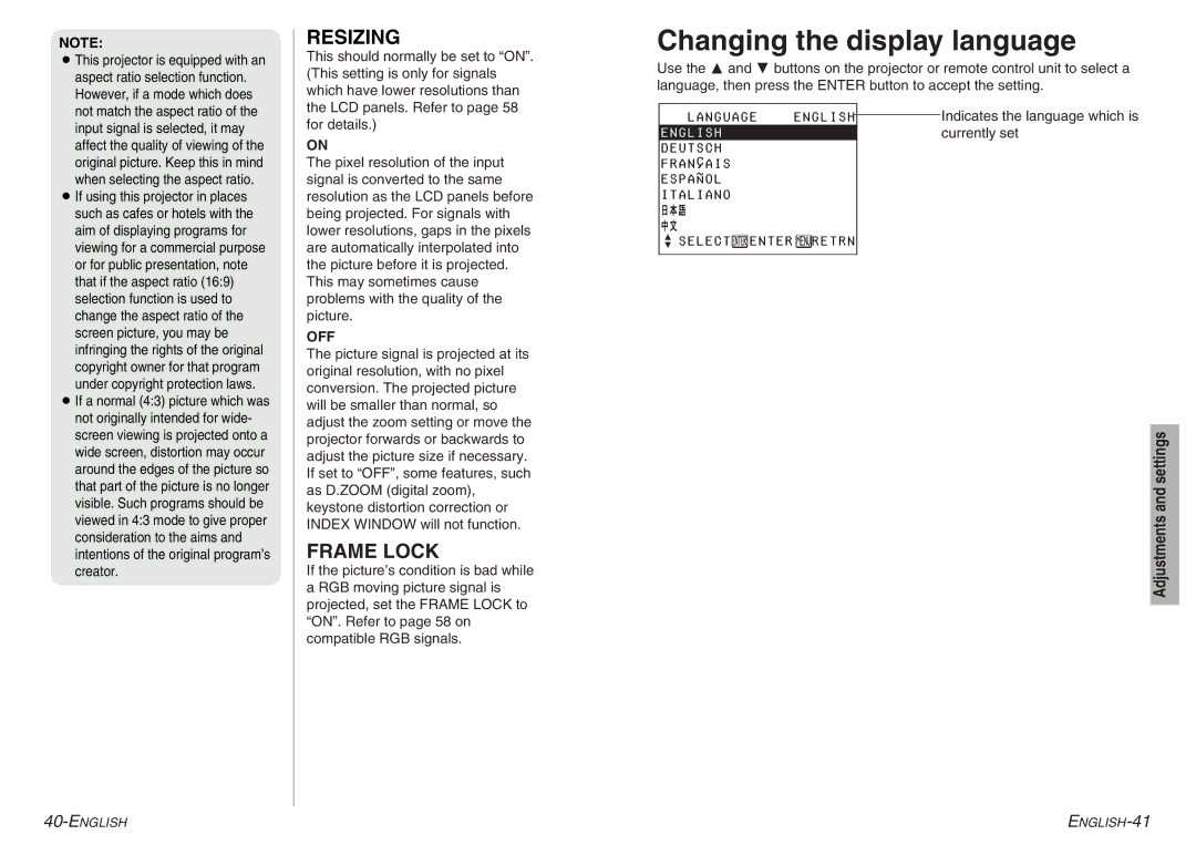 Panasonic PT-LC56U, PT-LC76U manual Changing the display language, Resizing, Frame Lock, Off 