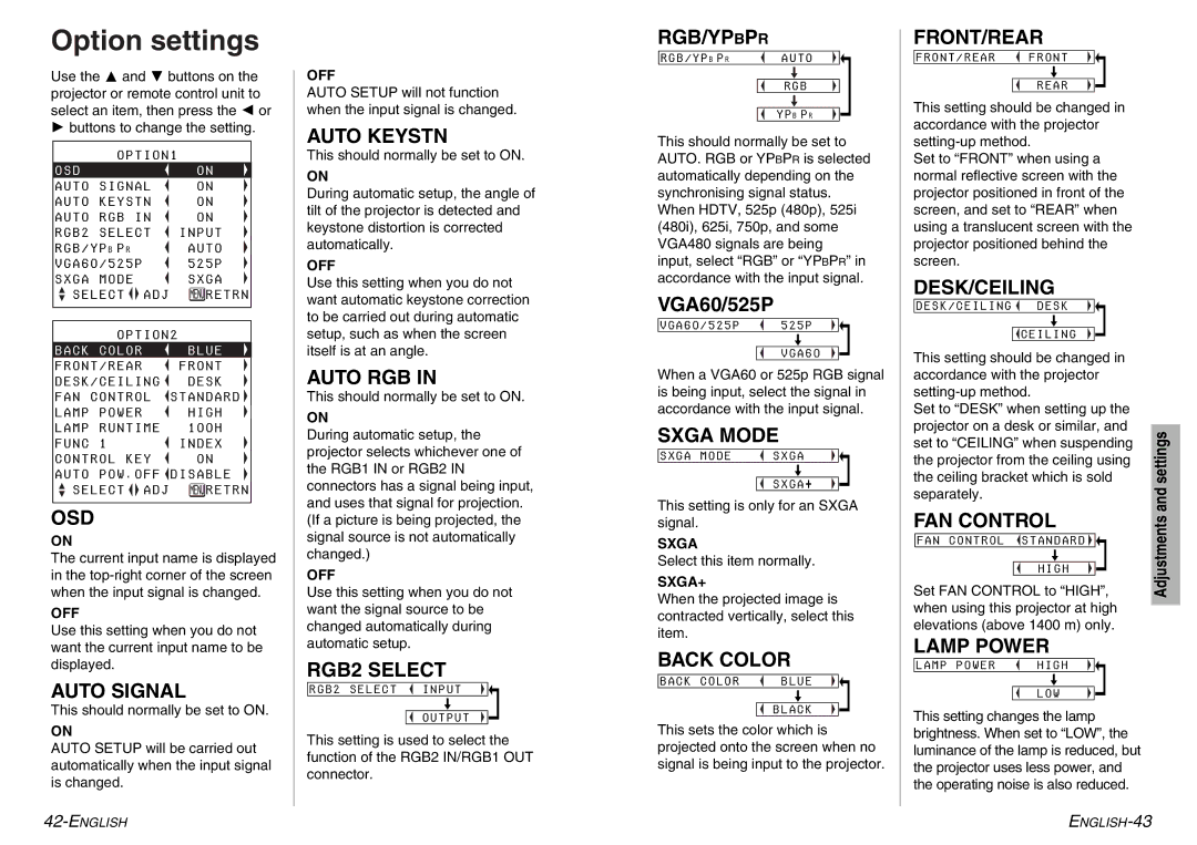 Panasonic PT-LC76U, PT-LC56U manual Option settings 