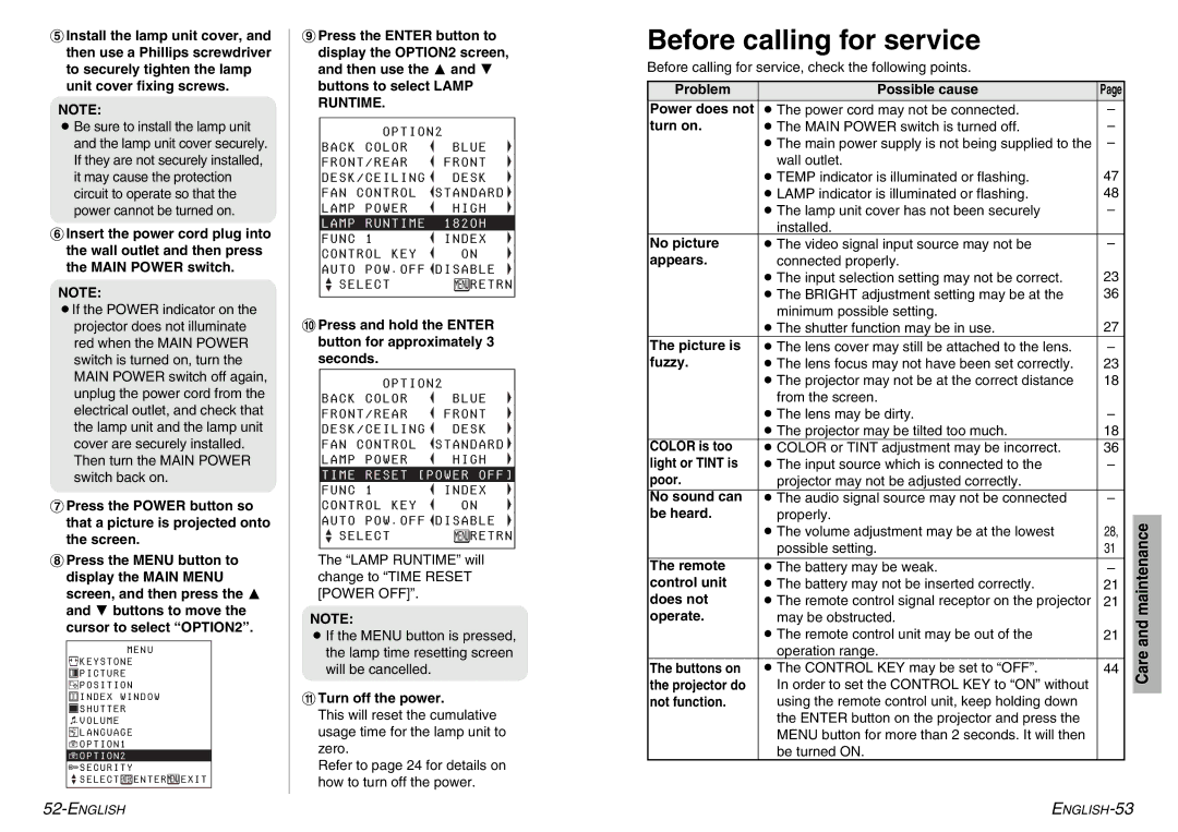 Panasonic PT-LC56U, PT-LC76U manual Before calling for service 