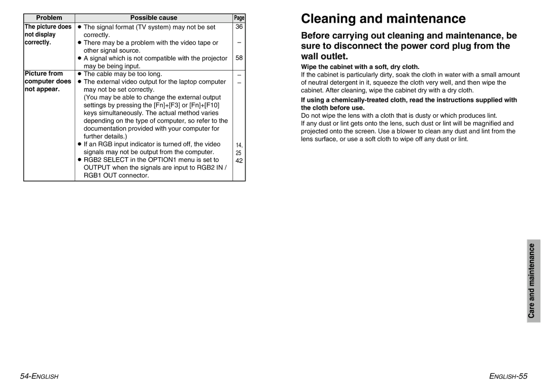 Panasonic PT-LC76U, PT-LC56U manual Cleaning and maintenance 