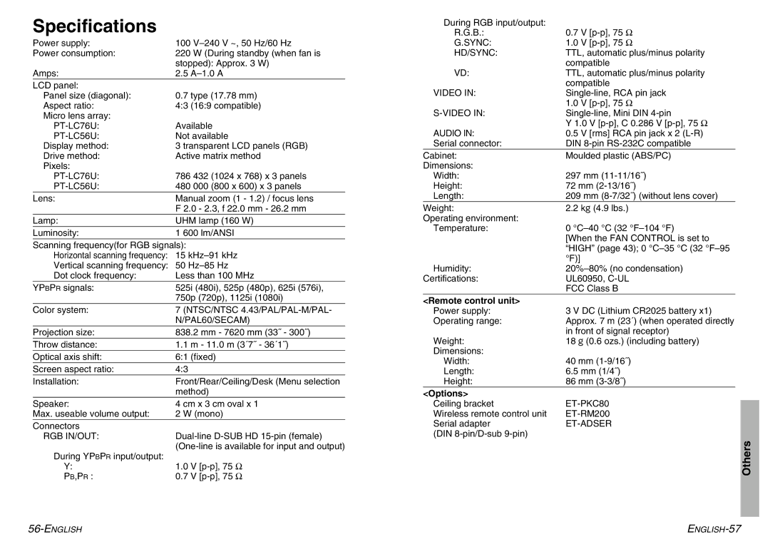 Panasonic PT-LC56U, PT-LC76U manual Specifications, Remote control unit, Options 