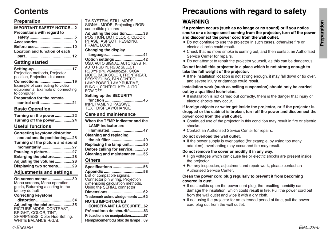 Panasonic PT-LC56U, PT-LC76U manual Contents, Precautions with regard to safety 