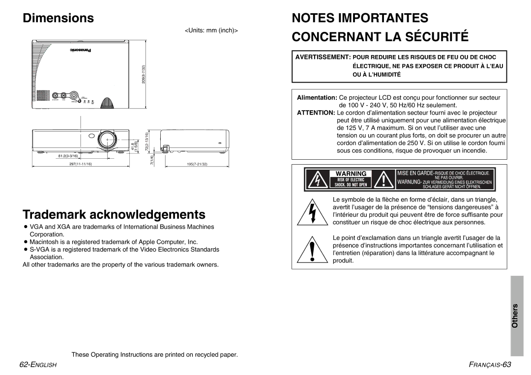 Panasonic PT-LC76U Dimensions, Trademark acknowledgements, These Operating Instructions are printed on recycled paper 