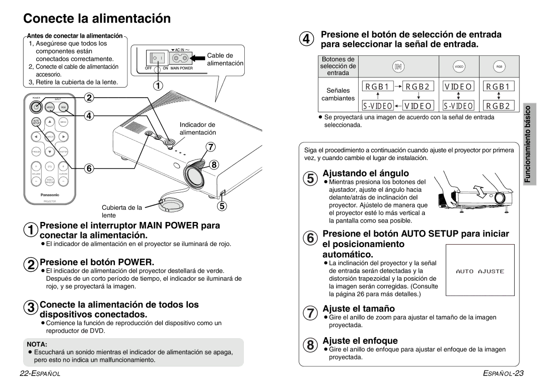 Panasonic PT-LC76U, PT-LC56U manual Conecte la alimentación, $Presione el botón Power, Ajustando el ángulo, Ajuste el tamaño 