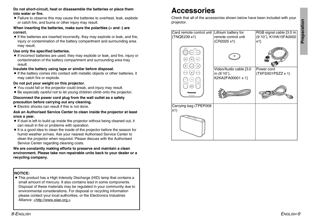 Panasonic PT-LC56U, PT-LC76U manual Accessories, Use only the specified batteries, Do not put your weight on this projector 