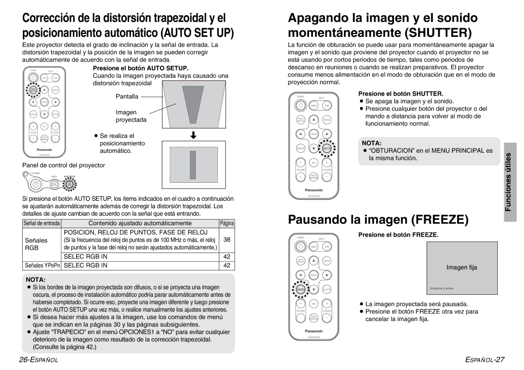 Panasonic PT-LC76U, PT-LC56U manual Pausando la imagen Freeze, POSICION, Reloj DE PUNTOS, Fase DE Reloj, Rgb, Selec RGB 