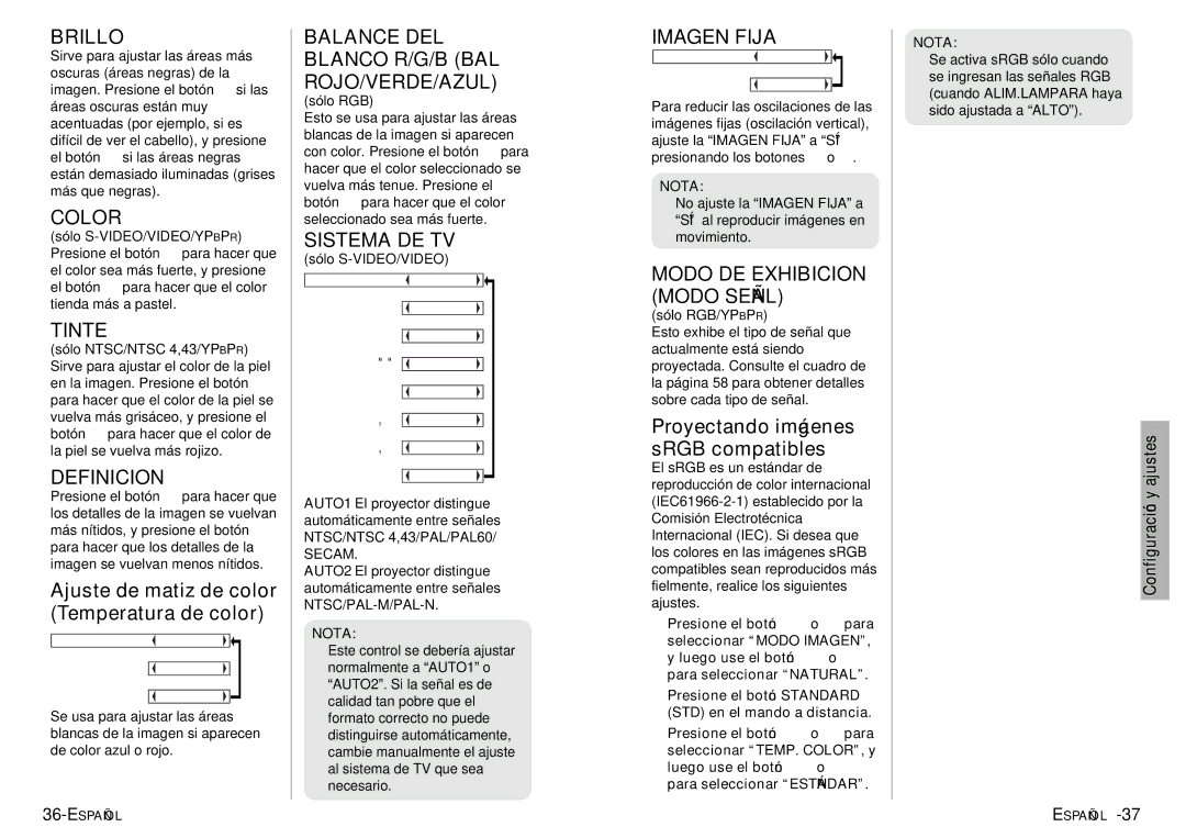 Panasonic PT-LC56U Brillo, Tinte, Definicion, Balance DEL Blanco R/G/B BAL ROJO/VERDE/AZUL, Sistema DE TV, Imagen Fija 