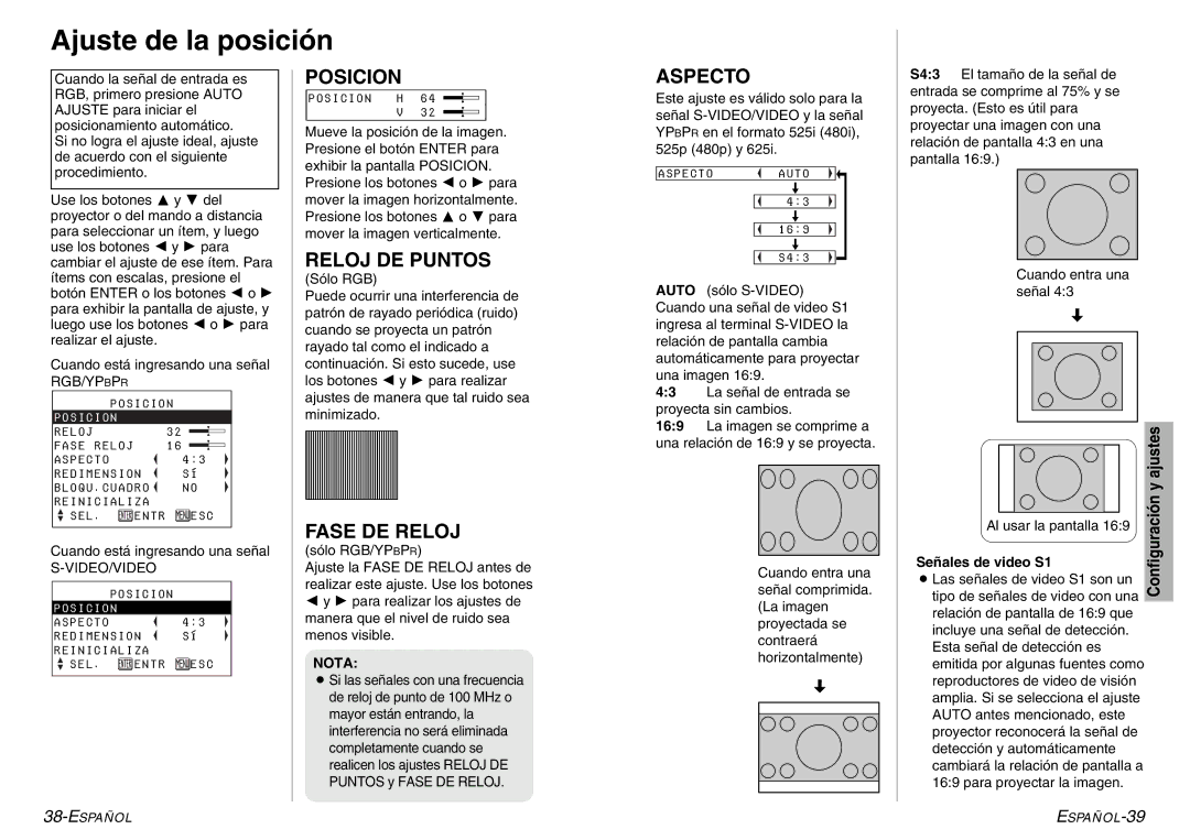 Panasonic PT-LC76U, PT-LC56U manual Ajuste de la posición, Posicion, Reloj DE Puntos, Fase DE Reloj, Aspecto 