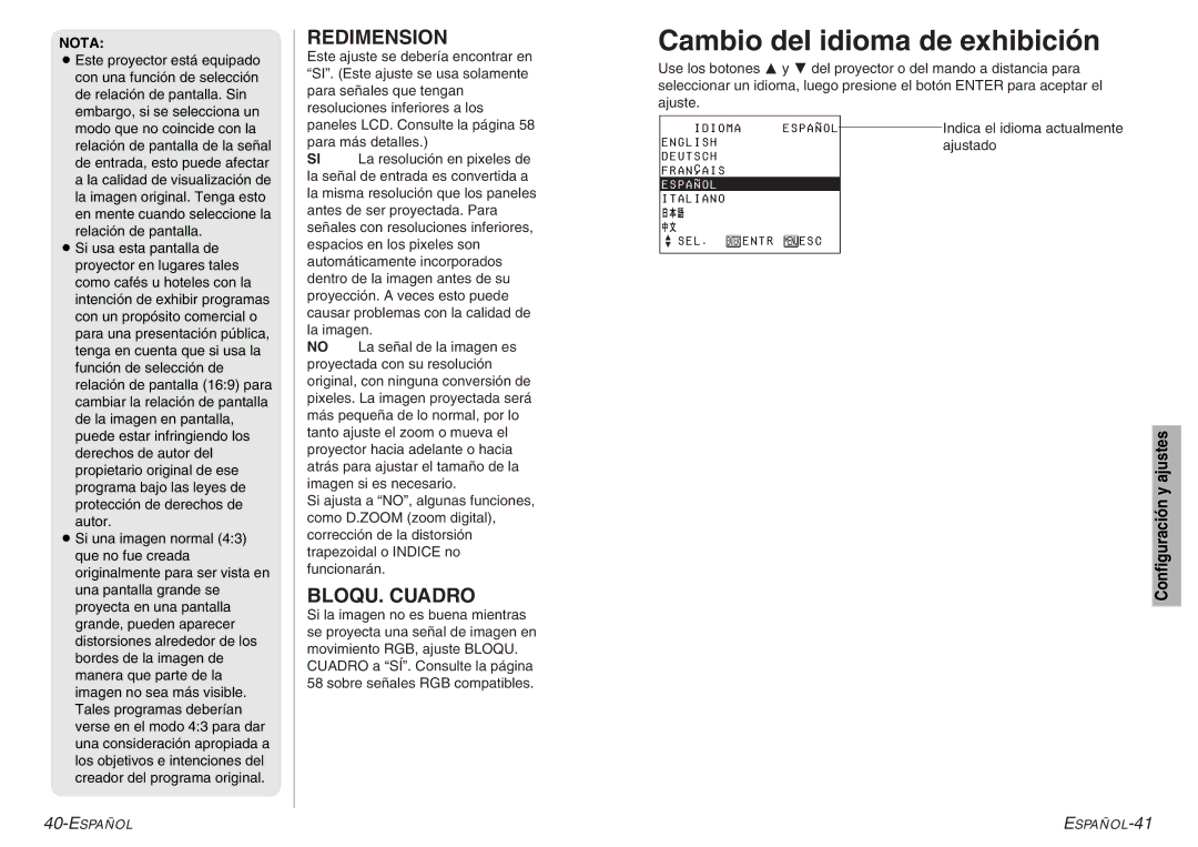 Panasonic PT-LC56U Cambio del idioma de exhibición, Redimension, BLOQU. Cuadro, Indica el idioma actualmente, Ajustado 