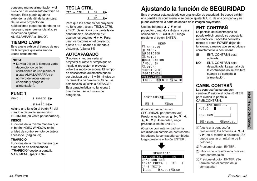 Panasonic PT-LC56U, PT-LC76U manual Ajustando la función de Seguridad 