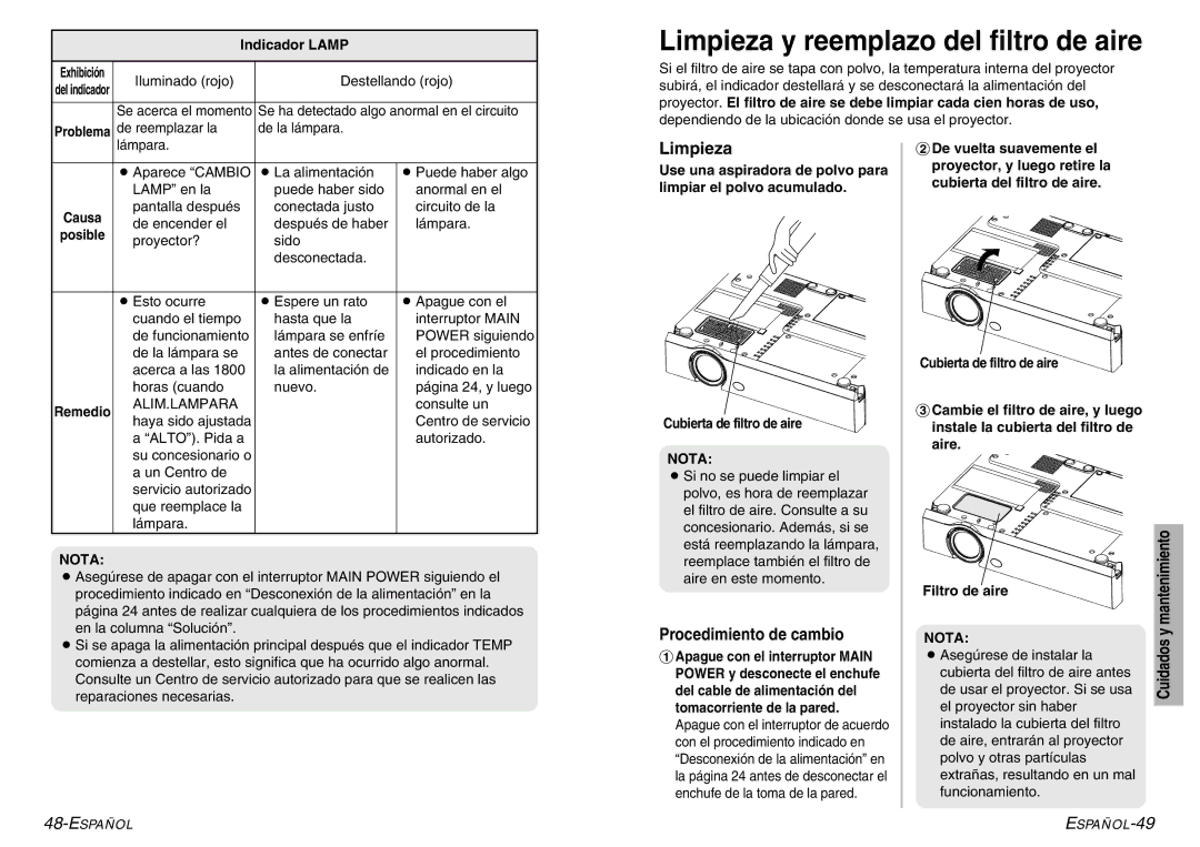 Panasonic PT-LC56U, PT-LC76U manual Limpieza, Problema de reemplazar la De la lámpara, Alim.Lampara, Consulte un 