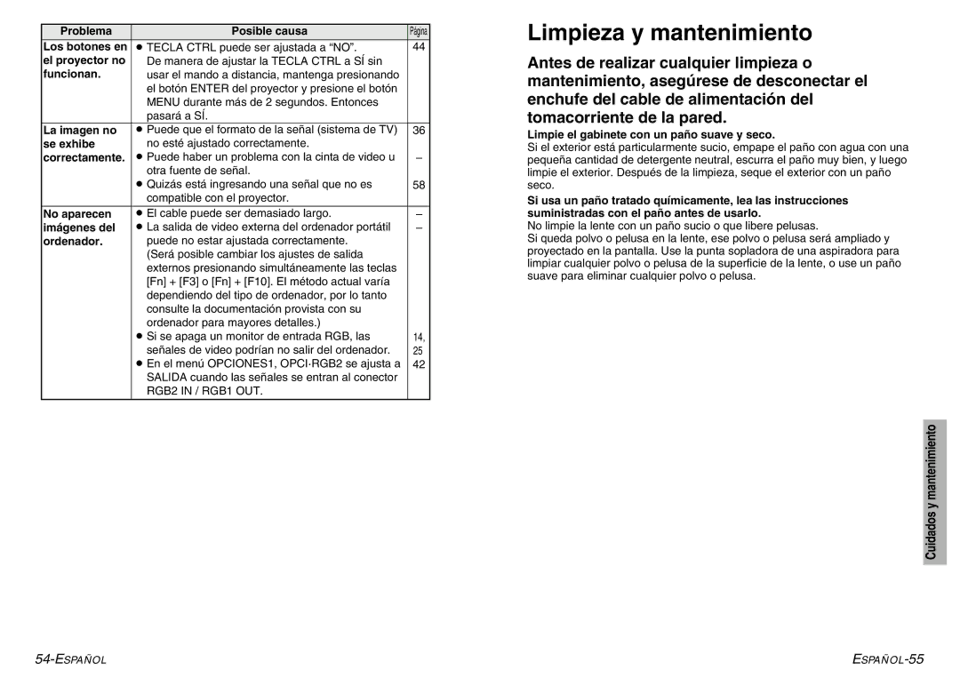 Panasonic PT-LC76U, PT-LC56U manual Limpieza y mantenimiento 