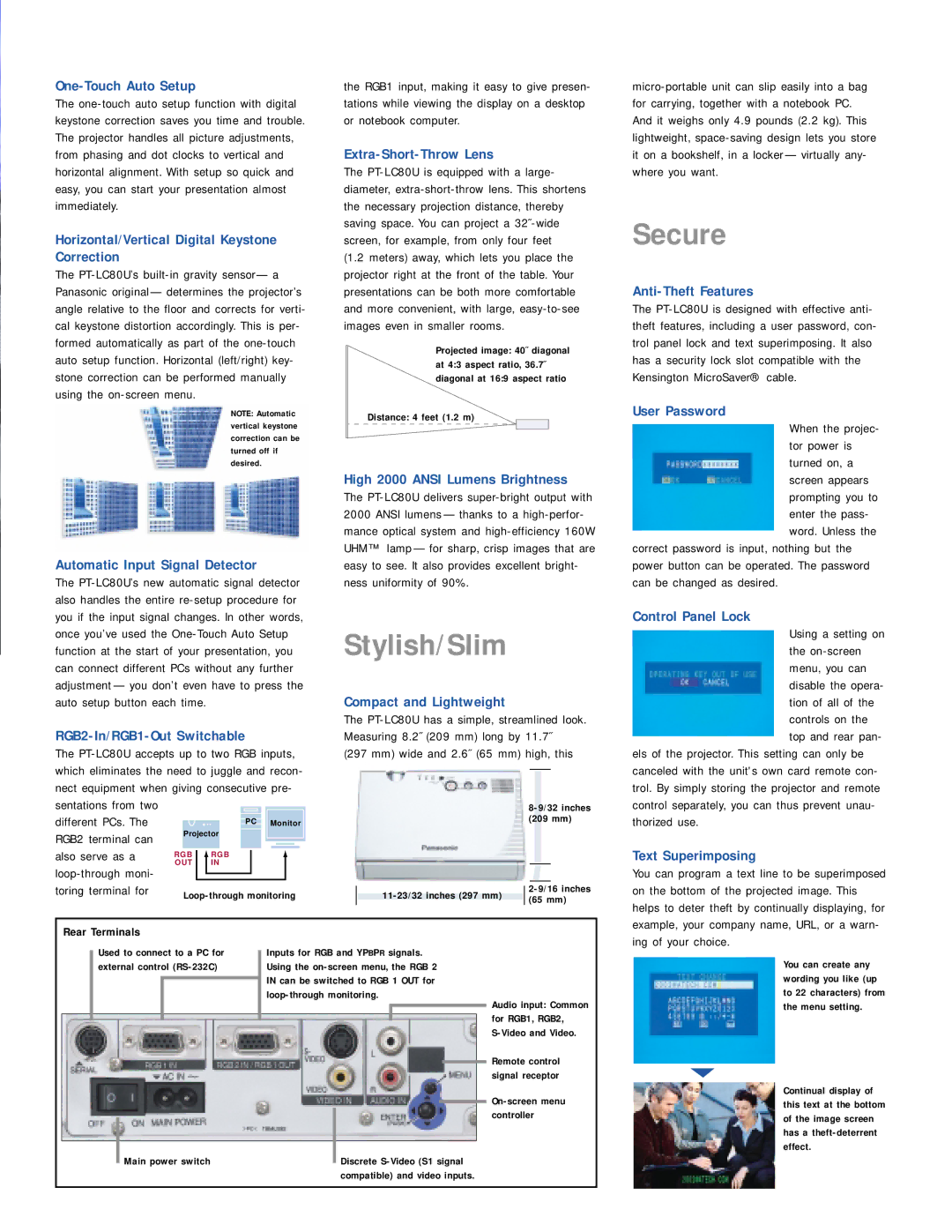 Panasonic PT-LC80U manual Stylish/Slim, Secure 