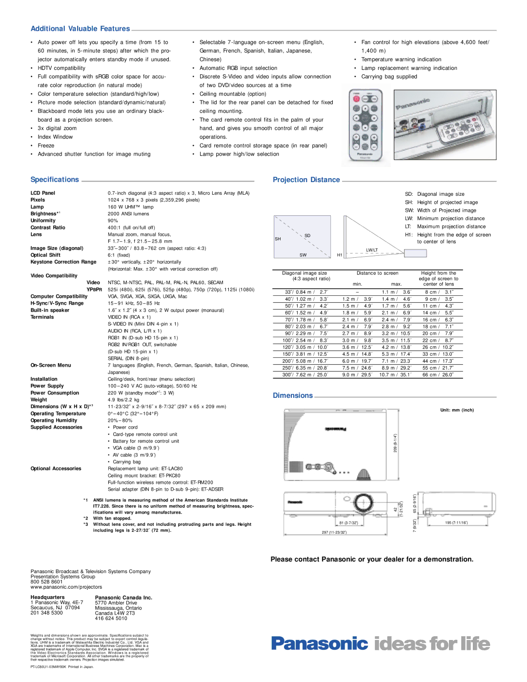 Panasonic PT-LC80U manual Additional Valuable Features, Specifications Projection Distance, Dimensions 