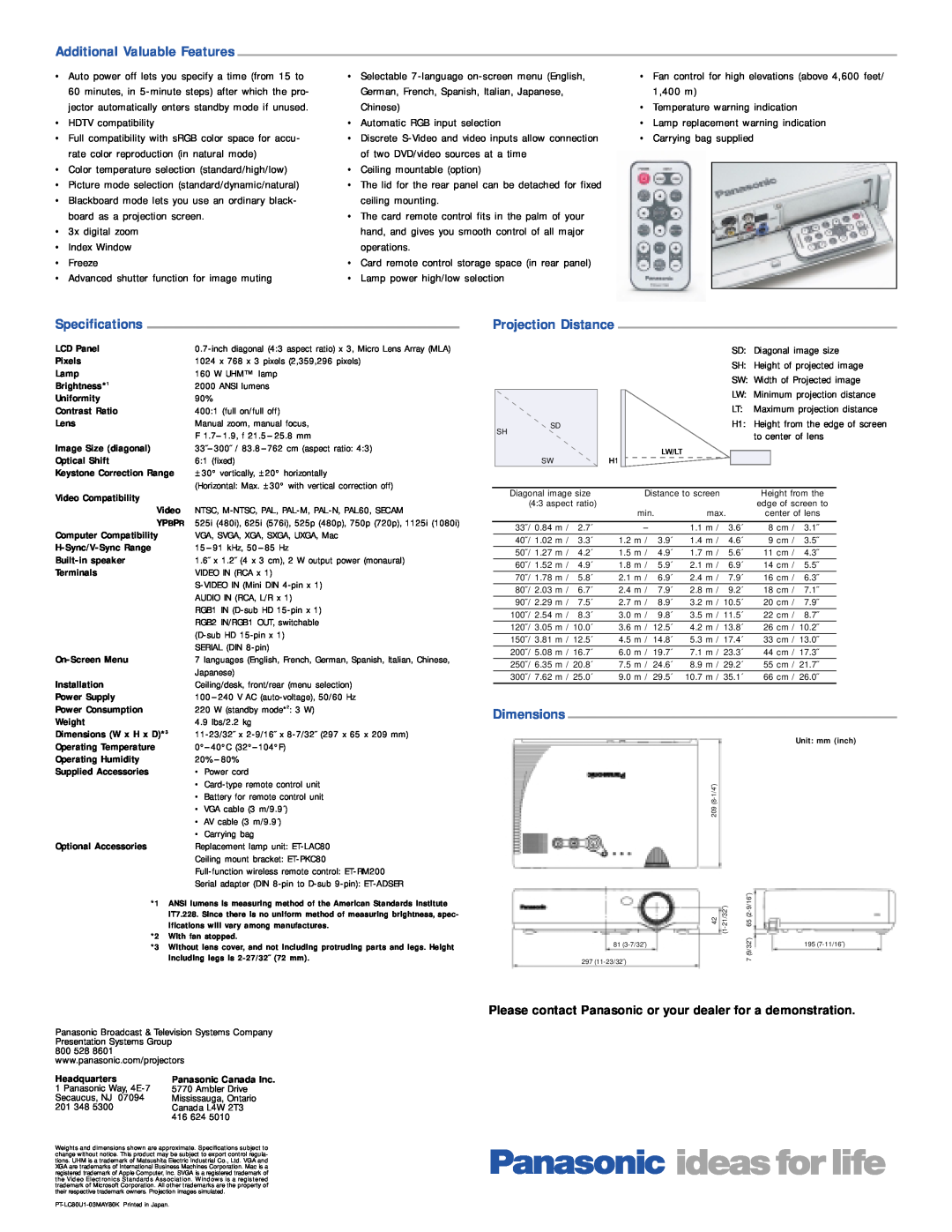 Panasonic PT-LC80U manual Additional Valuable Features, Specifications, Projection Distance, Dimensions 