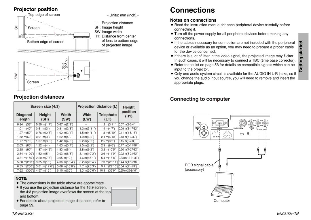 Panasonic PT-LM1U operating instructions Connections, Projector position, Projection distances, Connecting to computer 