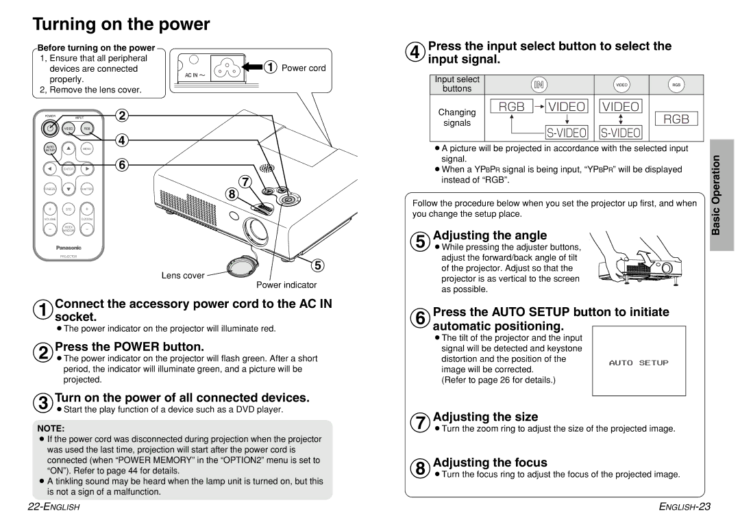 Panasonic PT-LM1U operating instructions Turning on the power 