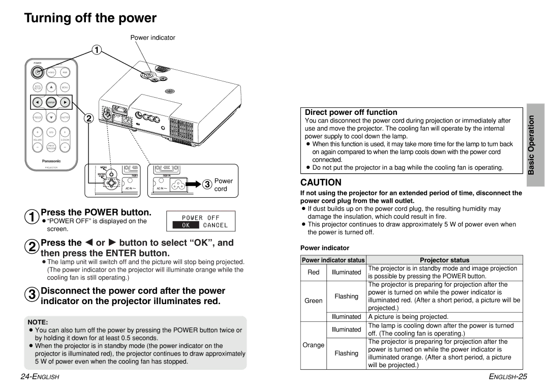 Panasonic PT-LM1U Turning off the power, #Press the Power button, Direct power off function, Power indicator 