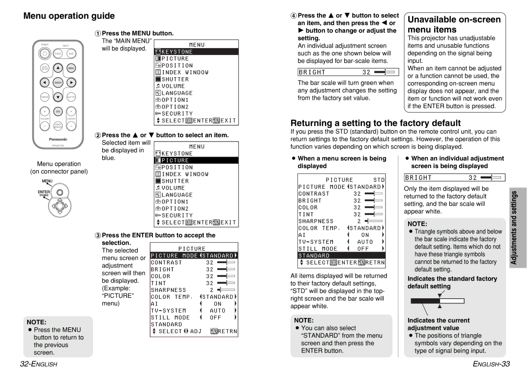 Panasonic PT-LM1U operating instructions Menu operation guide, Returning a setting to the factory default, Settings 