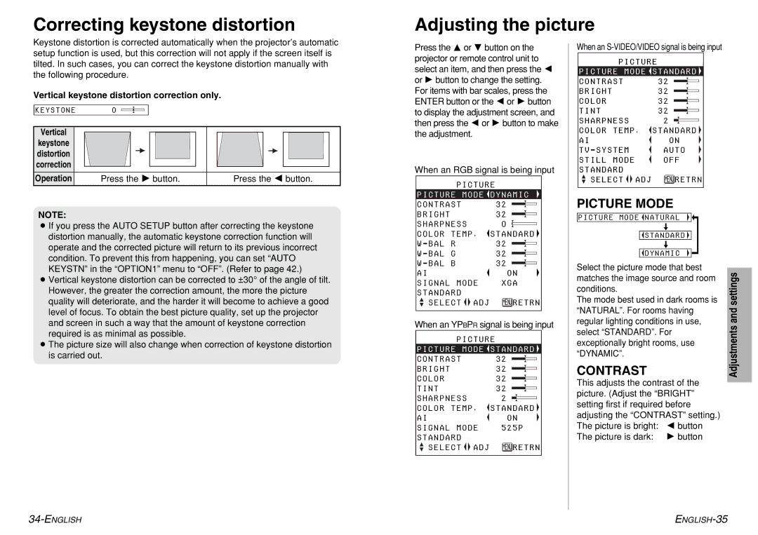 Panasonic PT-LM1U operating instructions Correcting keystone distortion Adjusting the picture, Picture Mode, Contrast 