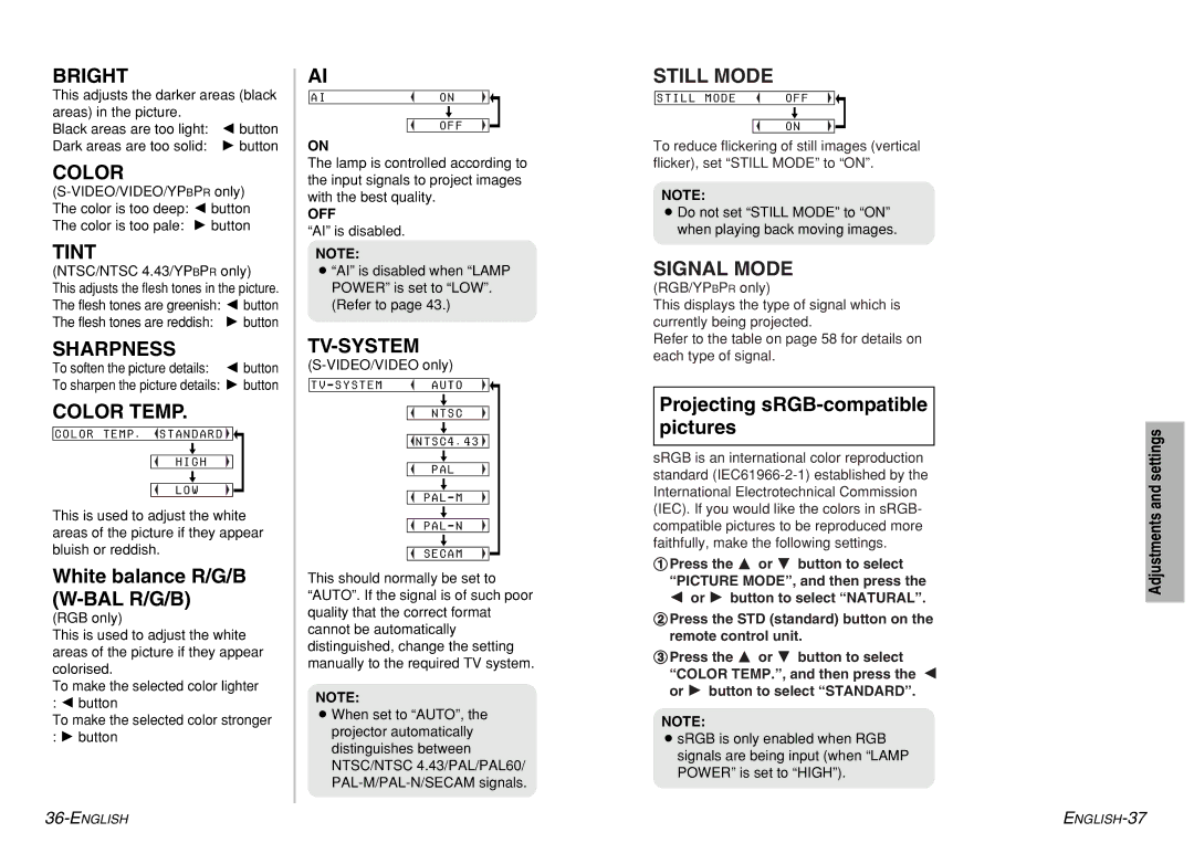 Panasonic PT-LM1U operating instructions Bright, Tint, Sharpness, Color Temp, Tv-System, Still Mode, Signal Mode 