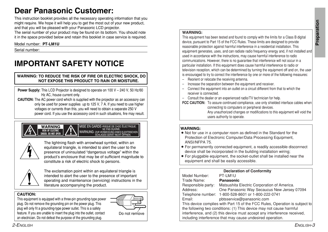 Panasonic PT-LM1U operating instructions Dear Panasonic Customer, Preparation, Declaration of Conformity 