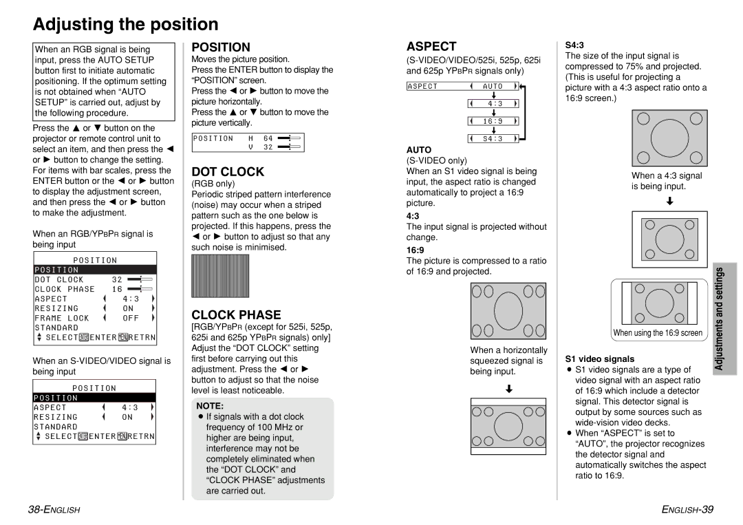 Panasonic PT-LM1U operating instructions Adjusting the position, Position, DOT Clock, Clock Phase, Aspect 