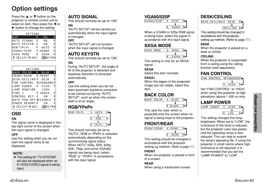 Panasonic PT-LM1U operating instructions Option settings 