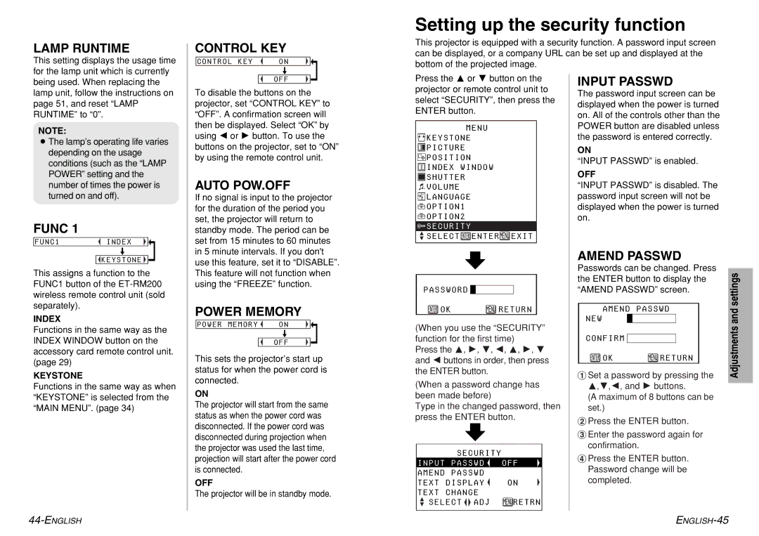 Panasonic PT-LM1U operating instructions Setting up the security function 